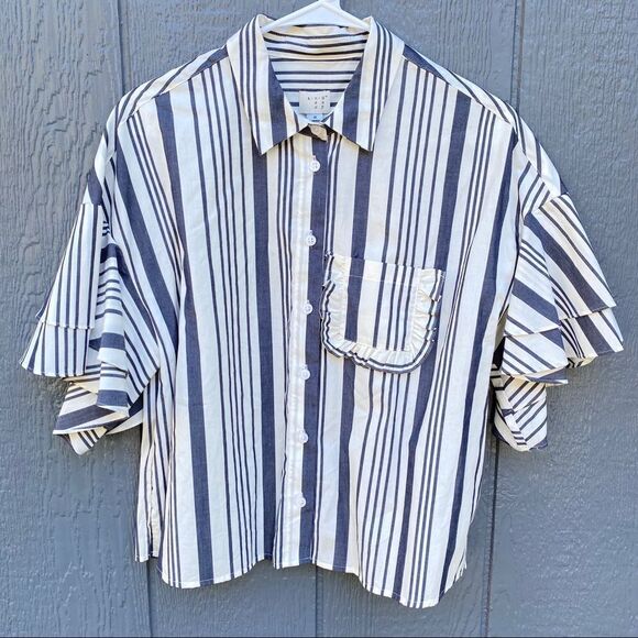 A New Day Striped Button Up Layered Sleeve  Blouse - Picture 1 of 9